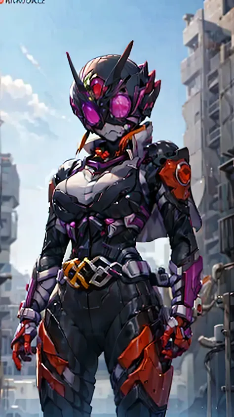 masterpiece,best quality,1girl,(kamen),black battle suit,long broken scarf,broken cape,cyberpunk helmet,pink eye,lavender eye,odd eyed,Showing off cleavage