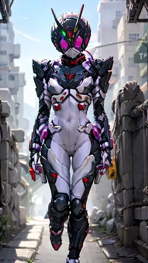 masterpiece,best quality,1girl,(kamen),black battle suit,long broken scarf,broken cape,cyberpunk helmet,pink eye,lavender eye,odd eyed,Showing off cleavage