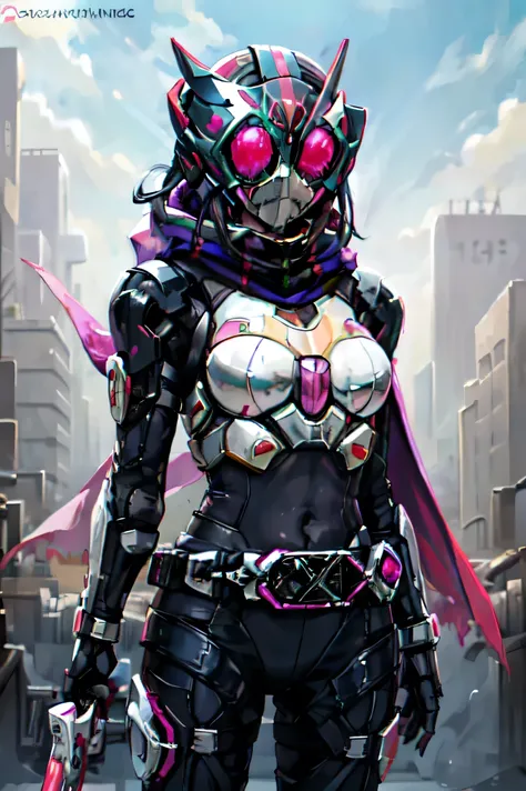 masterpiece, best quality, 1girl, (kamen), cyberpunk helmet, long broken scarf,broken cape,pink eye,Odd-eyed,Showing off cleavag