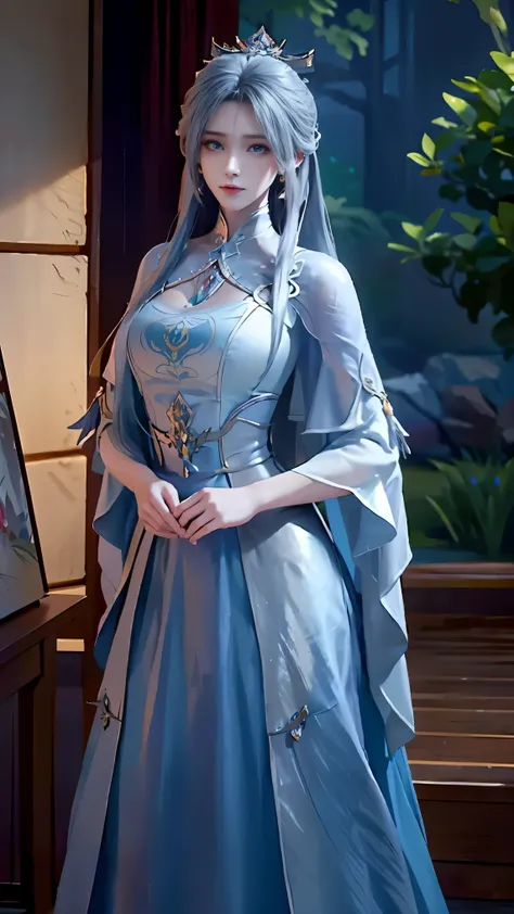 The painting shows a woman in a blue dress standing in a pool, Beautiful character painting, ((Beautiful fantasy queen)), Beauvot Art Style, closeup fantasy with water magic, Artwork in the style of Guweiz, Inspired by Chen Yifei, Ethereal Beauty, Beautifu...