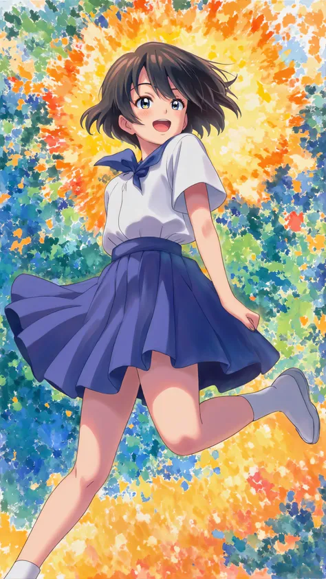 Expressionist artwork, 1 anime girl, school uniform, skipping, 