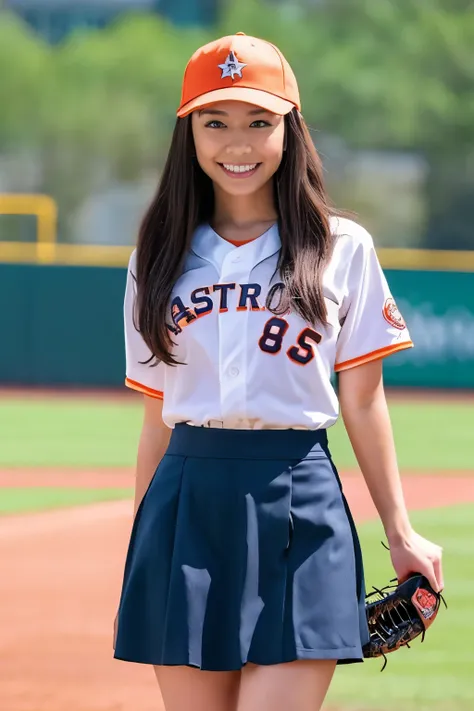 ((best quality)), ((masterpiece)), (detailed), 1girl,baseball player on baseball stadium,((clothed:1.1)),(Houston Astros uniform),sexy black with orange and white baseball uniforms,wearing black with orange baseball cap ,baseball mittens ,hold baseball bat...