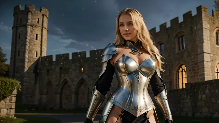 A slender blonde woman in form-fitting medieval armor, her long, wavy hair cascading over polished steel shoulder guards. Her armor is intricately crafted to accentuate her figure, with subtle curves highlighting her waist and chest, blending elegance with...