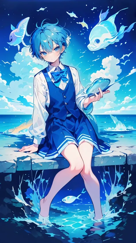 (Mastepiece), (Best Quality), Very detailed, 1 boy, Full body solo shot, Perfect Face, (Beautiful Boy:1.4), Very detailedな顔，(Blue short hair:1.5)，(blue eyes:1.4)，(In the water:1.4)，Ocean，School of small fish，Light，jellyfish，Ocean藻，Red fish，Yellow fish，深Oce...