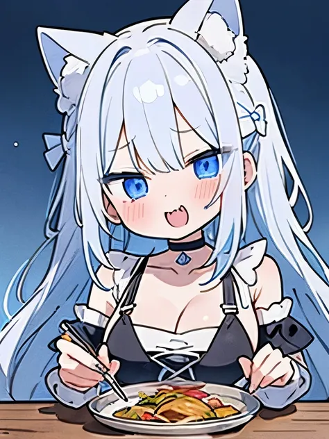 female, solo, White Hair, Double teeth、 Frills, adventure, long hair, hairpin, Blue Eyes, White Hair, blue mesh hair,  choker, Double teeth,  big breasts at the temple,  ramen, cooked rice, Eating