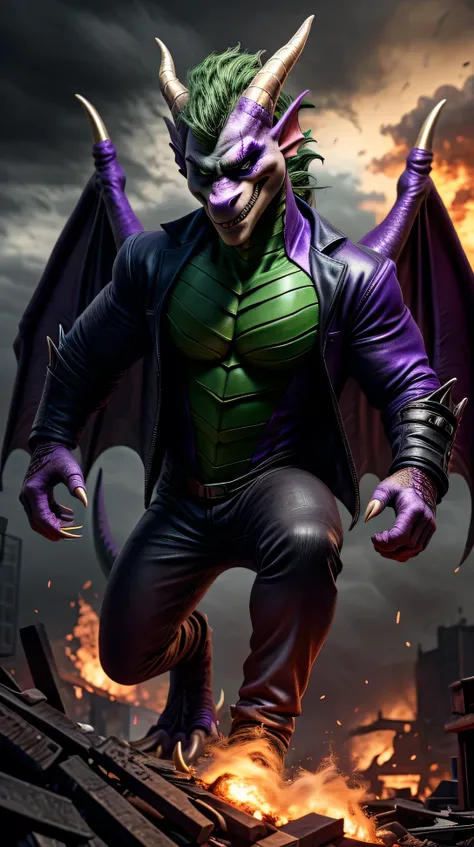 "An ultrarealistic full-body image of a humanoid dragon fused with the Joker. The creature has the Jokers signature grin and chaotic expressions but with dragon scales, sharp claws, and wings in shades of green and purple. Smoke curls around its nostrils, ...