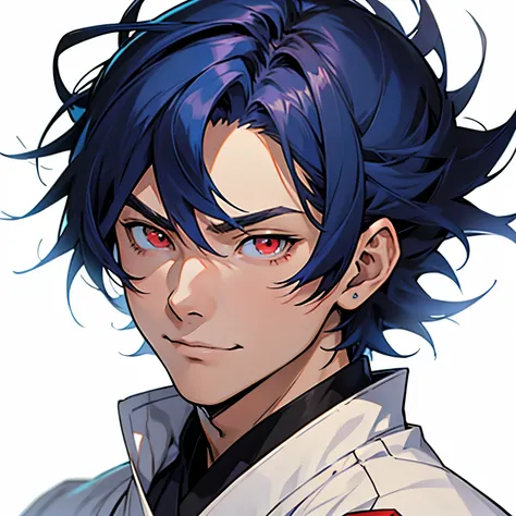 anime image of a male young adult with dark blue hair and red eyes, short spiky hair, 1young adult, male anime young adult character, happy expression, head shot, close up shot, front shot, full head, facing right, white background, traditional japanese cl...