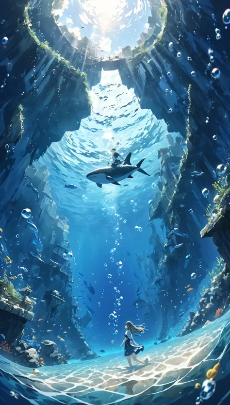 超 high resolution,  high resolution,  4k, 8K,beautiful, In Earths history １２ Ruins submerged in the Pacific Ocean 100 million years ago　、Lost ruins 、girl in the water、  Surrounded by bubbles  、 A deep blue world 、 I work in deep blue tones 