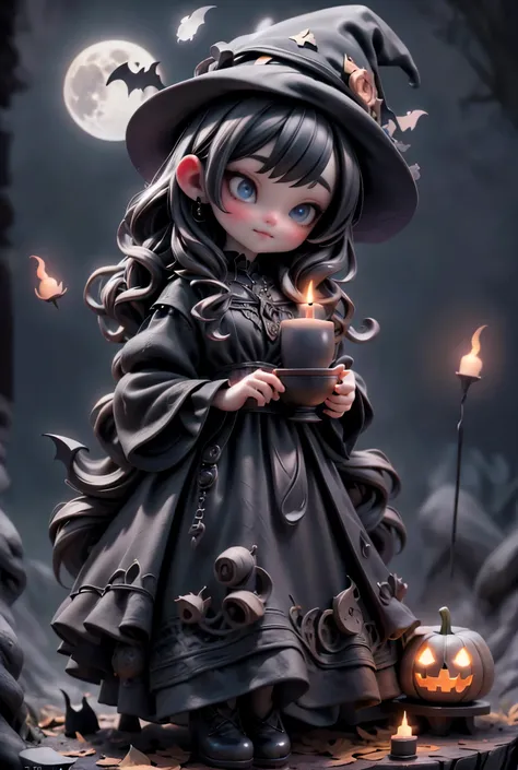 a cute witch, beautiful detailed eyes, beautiful detailed lips, extremely detailed face, long eyelashes, witch hat, black dress, stirring a cauldron, pumpkins, jack-o-lanterns, spooky forest, full moon, bats, candles, (best quality, 4k, 8k, highres, master...