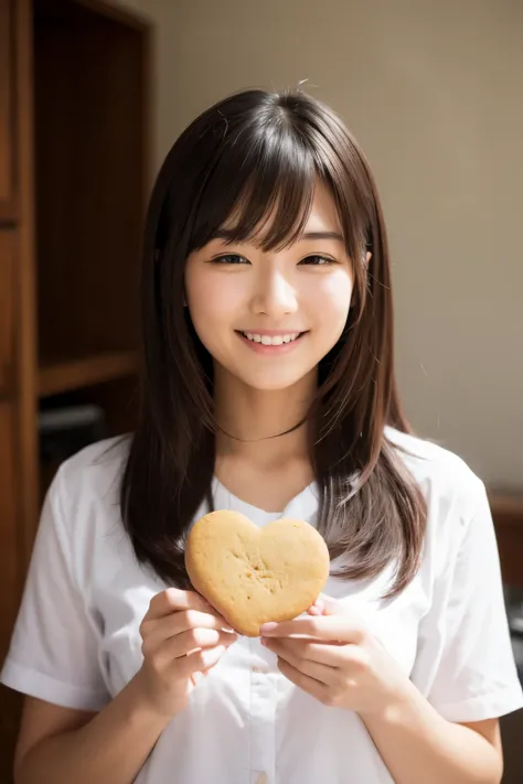 woman、Cookies、smile、30-year-old、indoor、1 person、holding a cookie, closing eyes, smiling