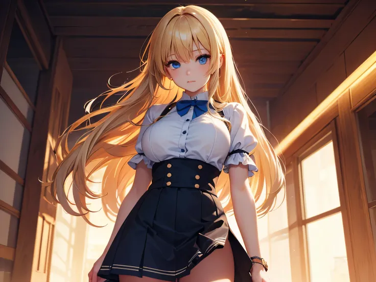 cute anime girl, blond long hair, big blue eyes, large breasts, highres, (best quality, 4k, 8k, highres, masterpiece:1.2), ultra-detailed, intricate details, soft lighting, warm colors, anime style, manga, digital painting, cinematic lighting, wearing a sk...