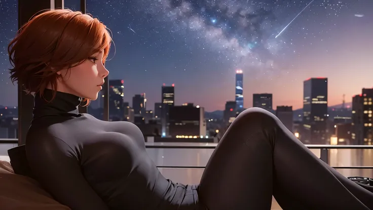 "A young woman with short auburn hair sits on the edge of a rooftop at night, gazing out over a quiet cityscape illuminated by distant city lights. She is wearing a black turtleneck and jeans, with her legs casually folded beneath her as she holds a cigare...