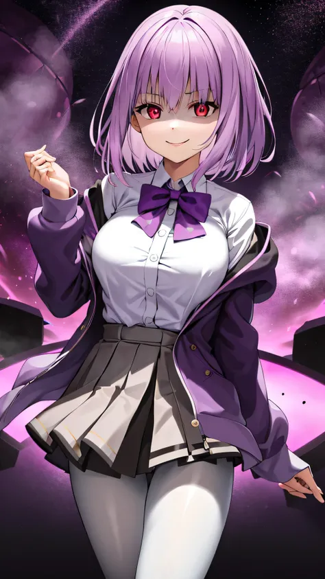 masterpiece, Best Quality,  Kampala, Shinjo Akane, One Girl, Alone, pantyhose, shirt, bow,  purple  jacket,  jacket, white shirt,  Long Sleeve , short hair,, collared shirt, , Open clothes, bowtie, purple bow, Chest, bangs, Red eyes, Off the shoulder, open...