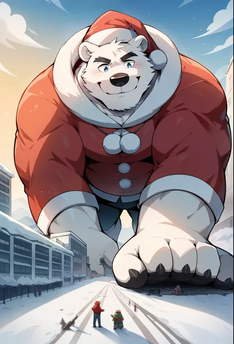 nj5furry, polar bear,  beast field  ，pummelig, thick arms，strong muscles， Santa Claus，Plush  ，chubby face，  black eyebrows  ， sky blue eyes ，Christmas beard，  friendly smile ，standing on the street ,on the stomach, Vati , (From underneath:1.1)，lie down，（Ch...