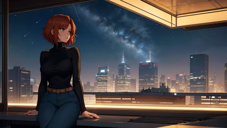 "A young woman with short auburn hair sits on the edge of a rooftop at night, gazing out over a quiet cityscape illuminated by distant city lights. She is wearing a black turtleneck and jeans, with her legs casually folded beneath her as she holds a cigare...