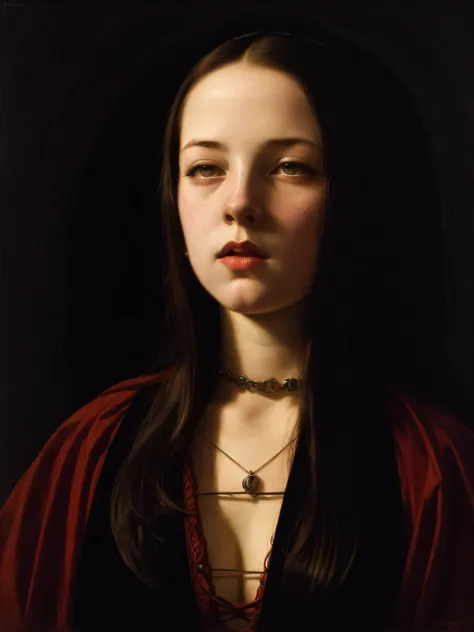 [shoulder portrait :  young girl , ruddy, in the style of pin-up:16]:[Dark Studio, Middle Ages, black background, crimson sunset , renaissance, 16th century , ((Donato-Giancola style))], perspective,  hyper-detail, Deep extract 