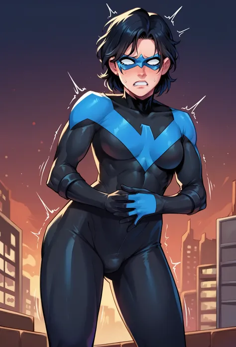 score_9, score_8_up, score_7_up, 1boy, solo, nightwing, (medium breasts 1.5),  leaning forward, , covering stomach, androgynous, (medium hair:1.5), black hair, gloves, mask, black bodysuit, superhero, blue bodysuit, domino mask, standing, shaking, scared, ...