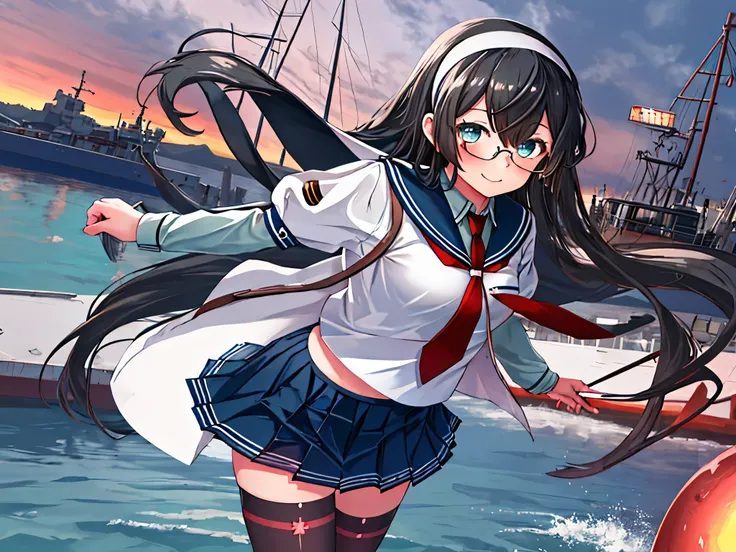 best quality, masterpiece, highres, solo, {ooyodo_kantaicollection:1.15}, black_hair, long_hair, glasses, hairband, semi-rimless_eyewear, under-rim_eyewear, blue_eyes, green_eyes, blush,small_breasts, 1girl, school_uniform, serafuku, pleats_skirt, looking_...