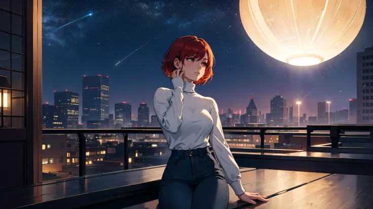 "A young woman with short, red hair sits on the edge of a rooftop at night, gazing out over a quiet cityscape illuminated by distant city lights. She is wearing a white turtleneck and jeans, with her legs casually folded beneath her as she holds a cigarett...