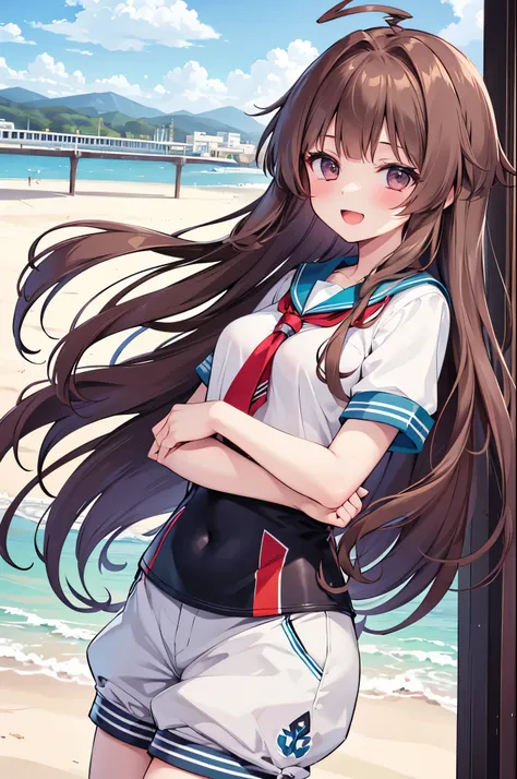 1young_teen_ girl, brown_hair, long_hair, sailor_uniform,white_ baggy_shorts, short_sleeve, thighs, small_breasts, big_smile, open_mouth, standing, harbor_background, slightly_spread_legs, happiness, covered_crotch,ahoge,XD,exciting,