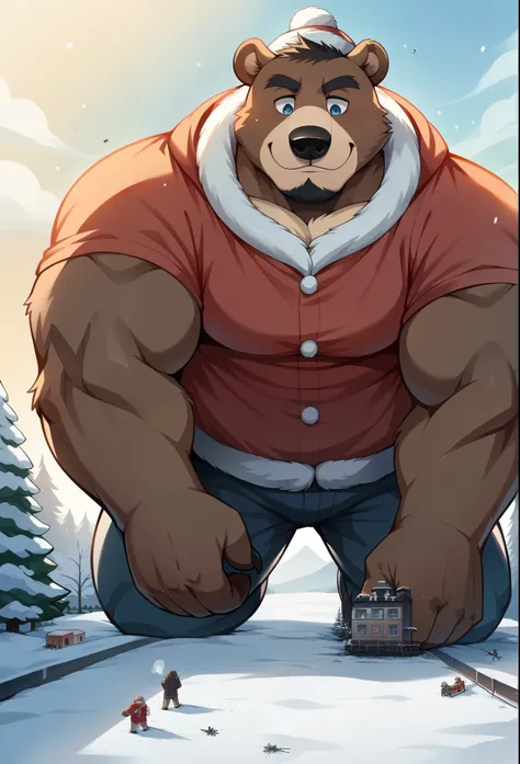 nj5furry,  grizzly bear seam,  beast field  ，pummelig, thick arms，strong muscles， Santa Claus，Plush  ，chubby face，  black eyebrows  ，sky blue eyes ， lumberjack beard ，  friendly smile ，standing on snow,on the stomach, Vati , (From underneath:1.1)，lie down，...