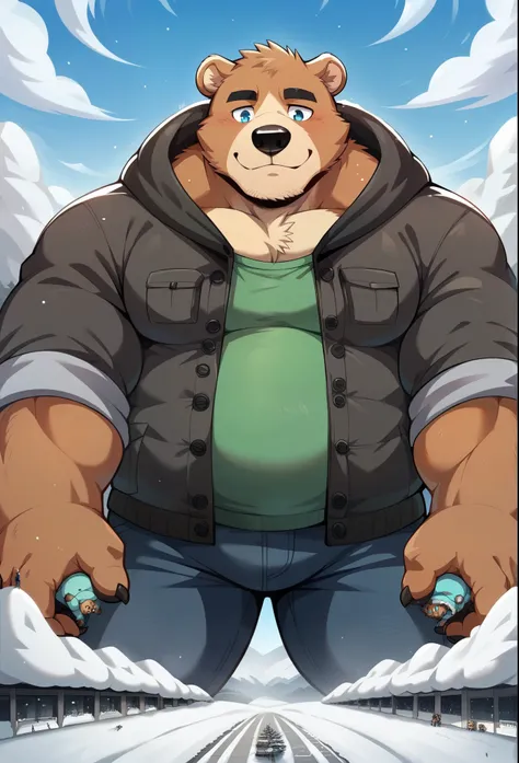 nj5furry,  grizzly bear seam,  beast field  ，pummelig, thick arms，strong muscles， Winter jacket，Plush  ，chubby face，  black eyebrows  ， sky blue eyes ， lumberjack beard ，  friendly smile ，standing on snow,on the stomach, Vati , (From underneath:1.1)，lie do...