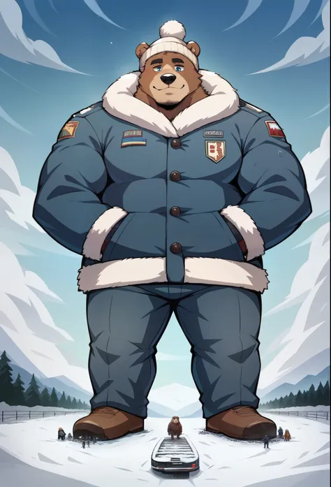 nj5furry,  grizzly bear seam,  beast field  ，pummelig, thick arms，strong muscles， Winter jacket，Plush  ，chubby face，  black eyebrows  ， sky blue eyes ， lumberjack beard ，  friendly smile ，standing on snow, on the stomach, Vati , (From underneath:1.1)，lie d...