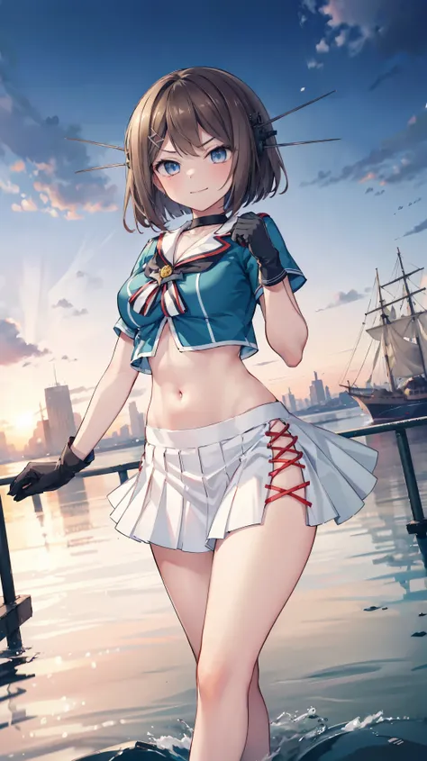 best quality, integrated scenery, integrated background, extremely delicate and beautiful, meticulous details, good composition, , cute face, perfect face, perfect hands,an anime style ,1young_teen_ girl, brown_hair, medium_bob_hair, blue_midriff_baring_s...