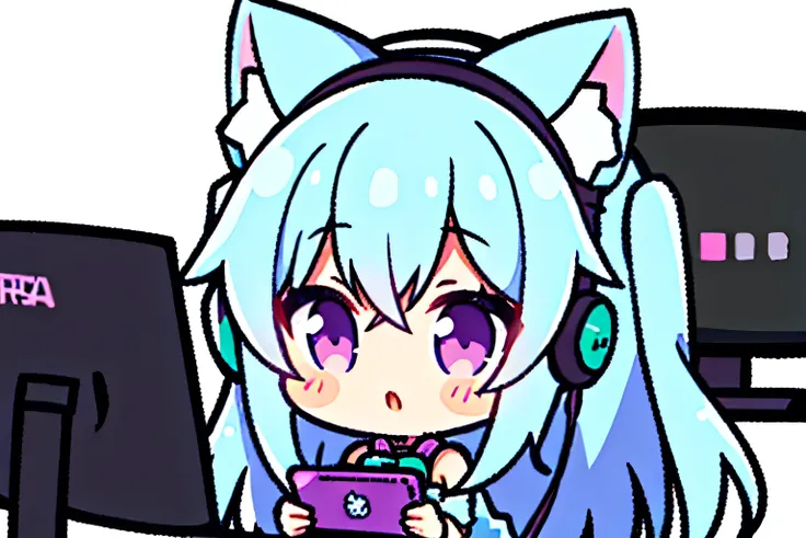 Girl playing PC games with cat ears and headphones