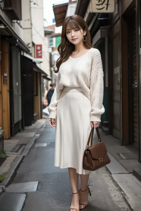light brown hair, swept bangs, medium hair, heart earrings, light smile, depth of field, cinematic lighting, uhd, anatomically correct, best quality, high details, 8k、One Japanese woman、30 years old、Looking this way、(Full body photo:1.4)、Small shapely brea...