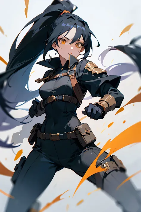 Make a female character , with long black hair with a ponytail, with amber eyes, a black combat outfit , in anime