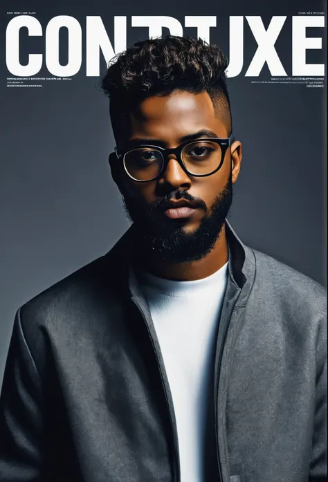 High-resolution magazine cover; Editorial, with cinematic atmosphere. featuring a provocative, high-fashion photo with an avant-garde aesthetic of Black man with medium-brown skin tone, short high Top Fade hairstyle and a neatly trimmed beard. rectangular ...