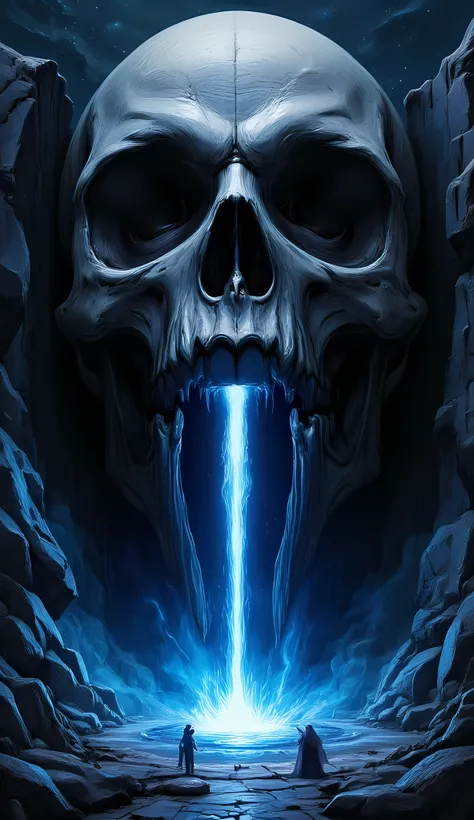 score_9, score_8_up, score_7, a picture of a an epic skull built into a mountain, the skull mouth shines as you can see blue lig...