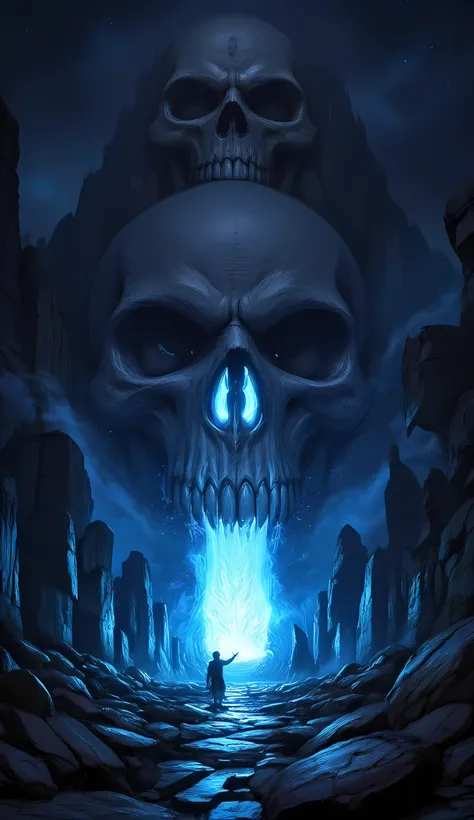 score_9, score_8_up, score_7, a picture of a an epic skull built into a mountain, the skull mouth shines as you can see blue lig...