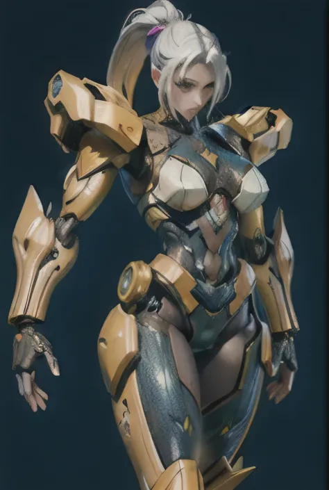  8k texture with complex and detailed mechanical modules to build the breast of a human doll model，Huge machine constructs prostheses to simulate breasts，beautiful silver ponytail，Exquisite jeweled cyberpunk breastplate， Alien Girl in heavy armor hypercybe...