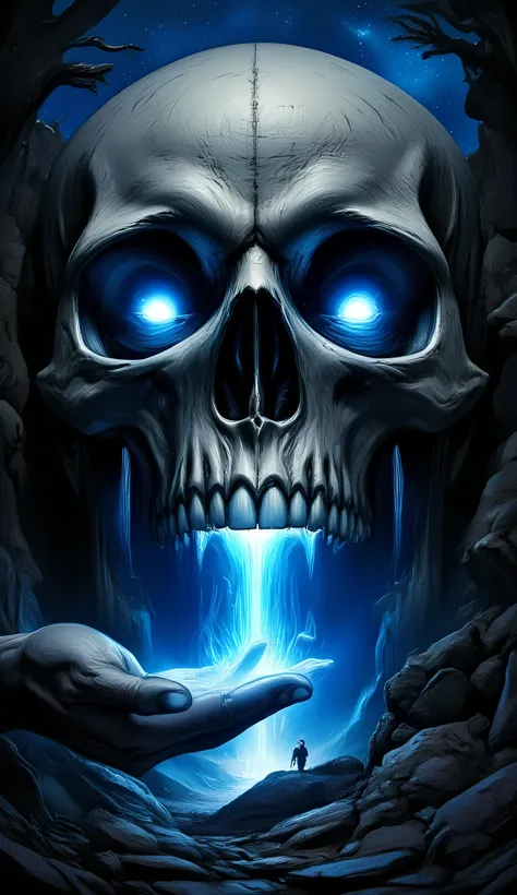 score_9, score_8_up, score_7, a picture of a an epic skull built into a mountain, the skull mouth is open and you can see blue l...