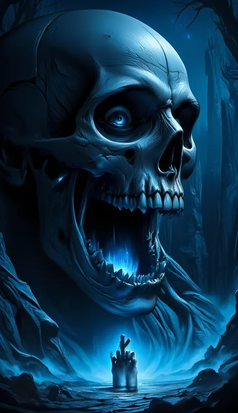 score_9, score_8_up, score_7, a picture of a an epic skull built into a mountain, the skull mouth is open and you can see blue l...