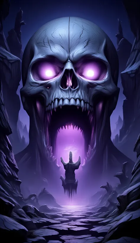 score_9, score_8_up, score_7, a picture of a an epic skull built into a mountain, the skull mouth is open and you can see purple...