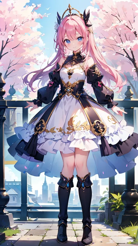 anime style、story、、 BEAUTIFUL GIRLS、very cute angel、 pink gothic dress 、cute、baby face、smile、 long skirt 、 black boots 、Very cute headband
