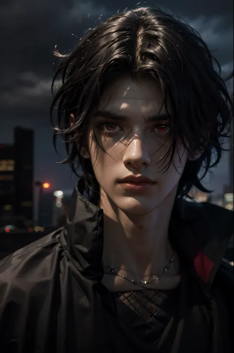 A boy with dark skin, red eyes, standing in a city at night, wearing black clothing, surrounded by crows perched on streetlights and rooftops, urban skyline in the background, (best quality, 4k, high resolution, masterpiece:1.2), ultra-detailed, realistic,...