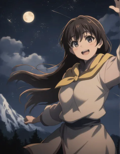 score_9,  score_8_up, score_7_up, ((sfghtr), multicolored robe, neckerchief,
cinematic Lighting, 1girl,solo,looking at viewer,blush,smile, open mouth,mountain view at night, moon, shooting stars