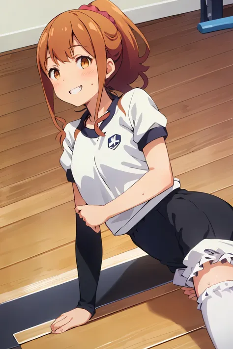 Highest quality, (masterpiece:1.2), Very detailed, Megumi Kamino, 1 girl, Looking at the audience, smile, teeth, Brown Hair, ponytail, Brown eyes, Scrunchie, Heart Necklace,Long white socks, ,(((Black Bloomers, School, Gym Shirt, White T-shirt, Gym suit, P...