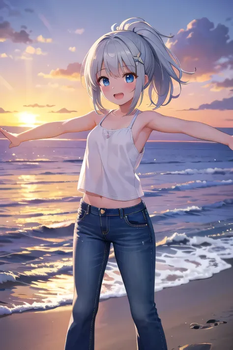 masterpiece,best quality,ultra detail,1girl, 14yo,petite,Laugh happily,background((beach, ocean, sea, beautiful sunset)),sunshine,cloud, beautiful silver ponytail hair, hair ornament, x hair ornament,Raise your arms and bring them behind your head,White te...