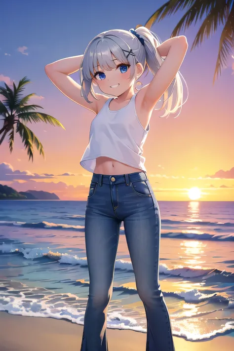 masterpiece,best quality,ultra detail,1girl, 14yo,petite,Laugh happily,background((beach, ocean, sea, sunset)), beautiful silver ponytail hair, hair ornament, x hair ornament,Raise your arms and bring them behind your head,White teeth, White tank Tops, hal...