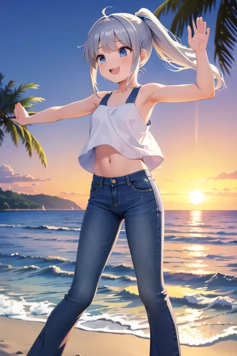 masterpiece,best quality,ultra detail,1girl, 14yo,petite,Laugh happily,background((beach, ocean, sea, sunset)), beautiful silver ponytail hair, Raise your arms and bring them behind your head, White tank Tops, half undressed, jeans pants, (flares jeans 1:1...