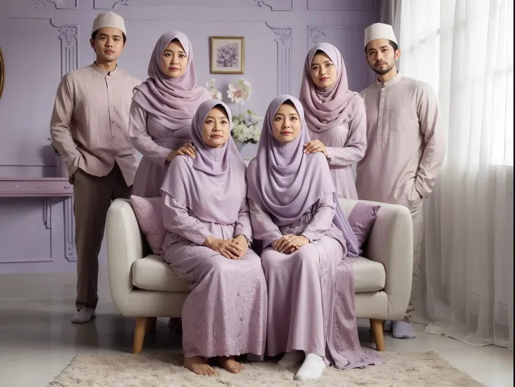 Photo of an indonesian family, four members, two women sitting on the short sofa, aged 50 and 65. two women aged 25 and 23 standing behind, compactly wearing a Muslim dress in soft Lilac color and sharia gamis with the same color and in harmony, pasmina lo...