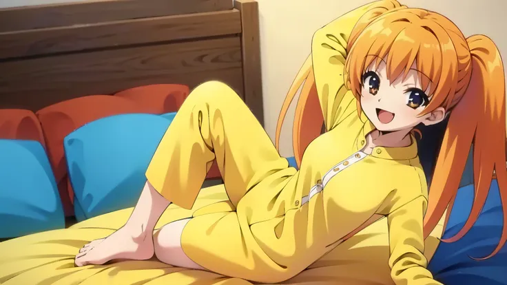 in warm color room, anime style, bold line:-1, orange hair1:4, full body shot, one eye closed, wearing yellow pajamas1:3, sittin...