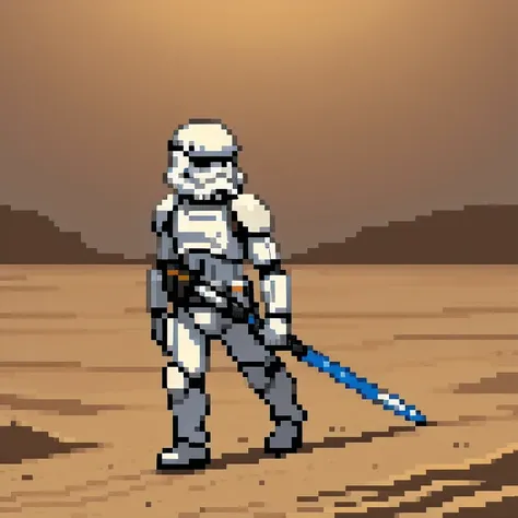 Miniature photograph of a Stormtrooper with Star Wars weapon walking through the desert leaving footprints in the sand cinematic dramatic lighting, blurred desert background.