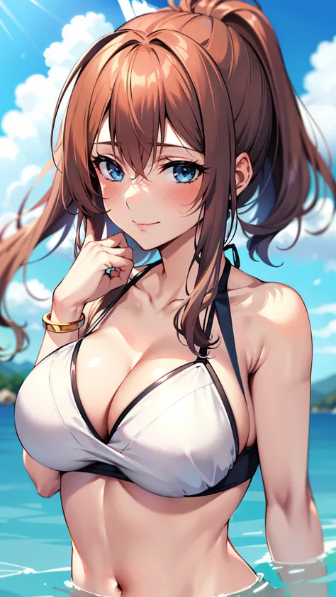 masterpiece, best quality,
1girl, solo,
(upper_body:1.4)
othersara,white bikini,bracelet,
wading,
smile,,blush,large breasts,cleavage