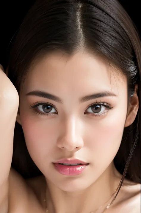 (Highest quality, Tabletop, 8k, Best image quality, Award-winning works), great  beauty, (nude:1.5), (The simplest pure black background:1.5), (Face close-up:1.6), Accentuate your body lines, Beautiful and exquisite, seductive Expression, (look straight at...